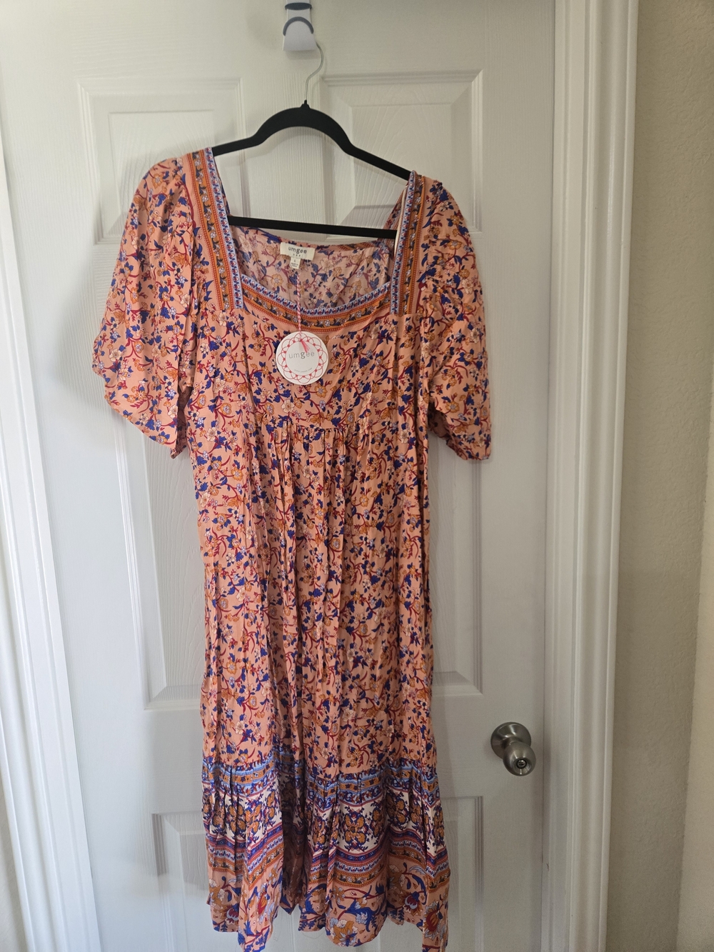 Umgee Peach Floral Midi Dress with Blue & Purple Accents